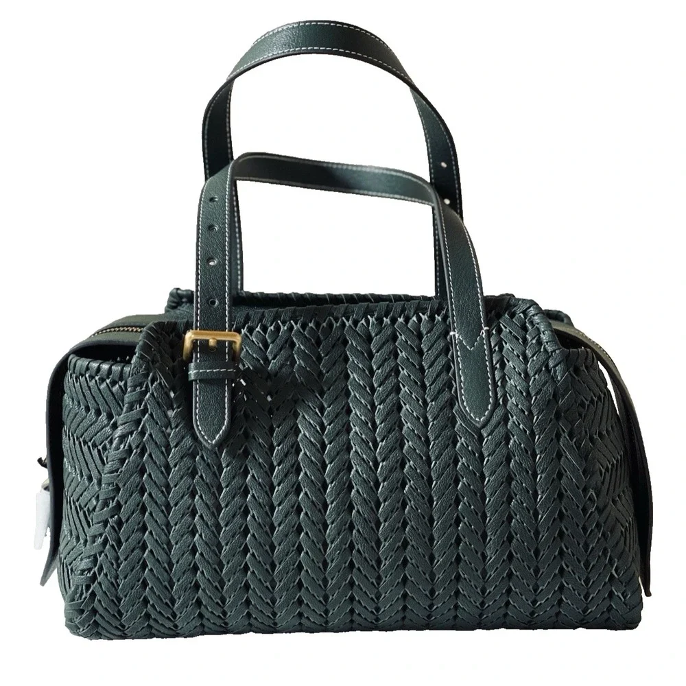 Anya Hindmarch Neeson Zip Top Handbag Woven‎ Braided Leather Top Handle Green